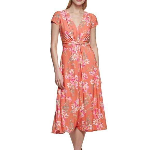Vince Camuto Midi Dress Floral Print Twist Front Size 10 Cap Sleeves NEW - Picture 1 of 7
